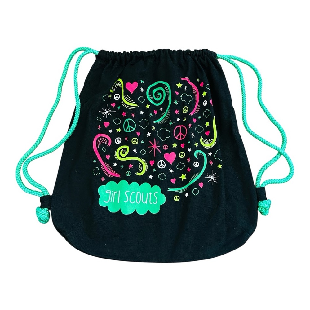 Girl Scouts Drawstring Canvas Bag Green and Black Backpack,Gym, Girls Scouts bag